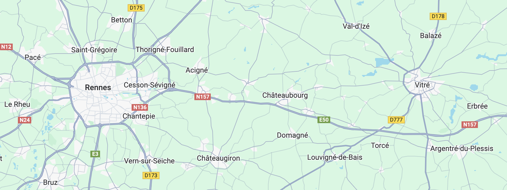 google maps de Rennes et Vitré et ses alentours représentant le secteur d'intervention